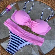 2020 Sexy Bandage Bikini Set Striped Patchwork Swimsuit Women Brazilian Swimwear Female Halter Top Bathing Suit Swimming Wear 2024 - buy cheap