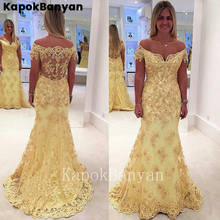 Yellow Lace Applique Off-the-shoulder Prom Dress Illusion Back Mermaid Formal Evening Gown 2024 - buy cheap