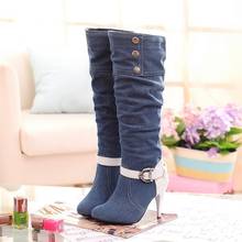 XJRHXJR Plus Size 34-43 Pointed Toe Women Spring Autumn Winter High Heels Denim Knee High Boots Lady New Fashion Jean Long Boots 2024 - buy cheap