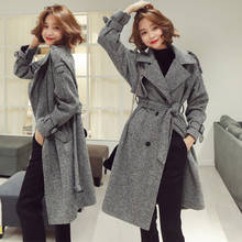 Корейское длинное шерстяное пальто с узором «гусиная лапка», элегантное женское двубортное пальто с воротником с лацканами, с поясом, карманами, в клетку, свободная плотная шерстяная верхняя одежда 2024 - купить недорого