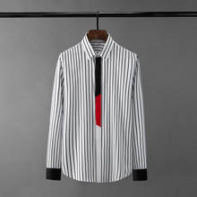 Рубашка Minglu мужская с длинным рукавом, повседневная приталенная вечерние с красными планками, в полоску, синяя/черная, 4XL 2024 - купить недорого