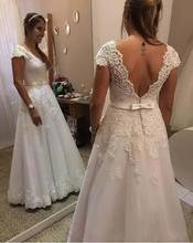 Vestido de noiva linha a, com apliques de contas, decote em v, faixa até o chão, feito sob encomenda 2024 - compre barato