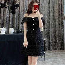 Black tweed dress One-necked strapless sexy Short-sleeve 2020 spring / autumn women's dress ladies slim Retro one-piece dress 2024 - buy cheap