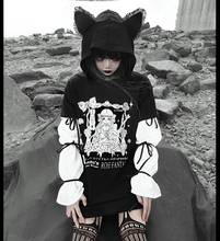 Ruibbit Spring Harajuku Black Cat Ear Hoodies Lace-Up Thin Sweatshirts Women Punk Print Hoodies Gothic Chiffon Puff Sleeve 2024 - buy cheap
