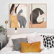 Dibujos Animados abstractos de mujer con Gato, carteles de estilo nórdico moderno, imágenes en lienzo para sala de estar, pintura decorativa sin marco 2024 - compra barato