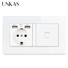 UNKAS-Panel de cristal de lujo gris, enchufe de pared estándar de la UE, 2 puertos de carga USB, LED suave oculto + 1 banda CAT5E RJ45, Conector de Internet gris 2024 - compra barato