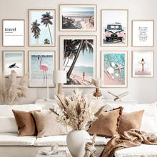 Pintura em tela para parede, decoração de praia, rosa, carro, flamingo, coqueiro, estrela do mar, arte de parede, pôsteres nórdicos e impressões, imagens para sala de estar 2024 - compre barato