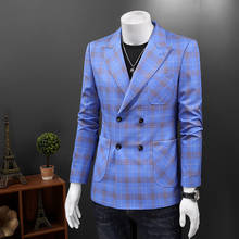 Blazer masculino estilo duplo breasted, azul céu, xadrez, blazers para homens, casual, xadrez, terno masculino, slim fit, 5xl, tamanho grande q210 2024 - compre barato