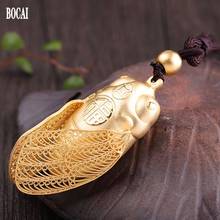 BOCAI new Exquisite fashion solid S990 pure silver women's gold-plated 3D cicada pendant necklace men and women necklace pendant 2024 - buy cheap