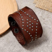 Novo marrom pulseira de couro genuíno para os homens do vintage ampla ajustável feminino wrap braceletes & bangles para o sexo masculino na moda jóias 2024 - compre barato