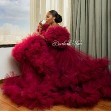 Gorgeous Burgundy Lush Tulle Women Prom Gowns Puff Sleeves High Low Women Dresses To Wedding Party Ruffles Tulle Mesh 2024 - buy cheap