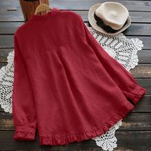 Tops y blusas de lino de Color liso para mujer, camisa de manga larga con cuello vuelto, dobladillo Irregular, cruzado 2024 - compra barato