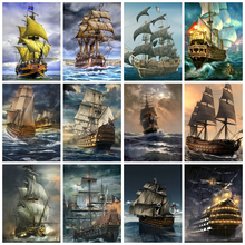 Huacan Full Square Diamond Painting Sailboat Sea Embroidery Mosaic Ship Scenery Rhinestone Pictures Home Decor 2024 - buy cheap