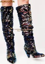 ALMUDENA Glittering Sequined Embellished Knee High Boots Spike Heels Nightclub Bling Bling Shining Dress Long Boots Bride Shoes 2024 - buy cheap