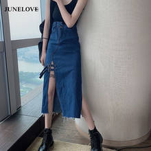 JuneLove Vintage Skirts Women Ripped French Summer Sexy Split Denim Skirt Female High Waist Midi Skirt Casual Sexy Split Bottoms 2024 - buy cheap