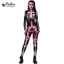 Fantasia de esqueleto da rosa para mulheres, fantasia da cor de halloween assustadora com impressão 3d, crânio mecânico plus size 2024 - compre barato