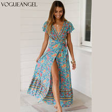 Vintage Floral Maxi Dresses Elegant Beach Sash Sexy V Neck Split Print Tunic Long Summer Boho Dress Women Vestidos 2024 - buy cheap