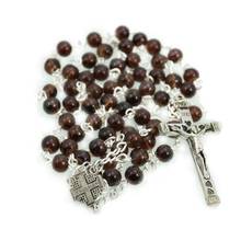 Винтажное коричневое бриллиантовое ожерелье QIGO, ожерелье с крестом и четками для мужчин и женщин, религиозные украшения 2024 - купить недорого