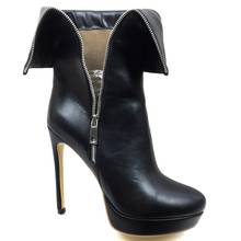 Bota ankle boot feminina bico arredondado, sapato plataforma externo zíper salto alto preto 2024 - compre barato