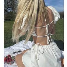 Mini vestido de verão, inspirado em boho, algodão branco, sensual, corte traseiro, festa na praia, novo vestido fofo para mulheres 2024 - compre barato