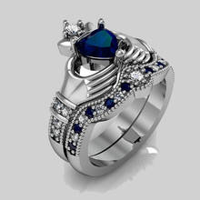 High quality accent blue cz BLUE heart cubic zirconia wedding promise ring set irish Claddagh 925 silver Ring 2024 - buy cheap