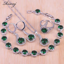 Risenj-conjunto de joias de noiva, prateada, pedra verde, redonda, para mulheres, brincos, anel, colar, pulseira, na loja 2024 - compre barato