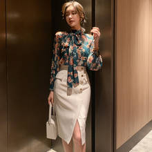 2019 Autumn 2 Piece Set Women Suit Print Long Sleeve Blouse Shirt Tops and White Pencil Skirts Crop Top And Skirt Two Piece Set 2024 - buy cheap