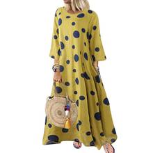 Vestidos femininos moda polka dot impresso 3/4 manga o pescoço solto algodão linho longo maxi vestido robe longue 2021 2024 - compre barato