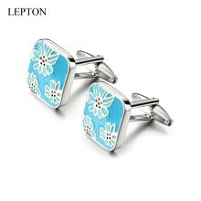 Newest Flower design Enamel Cuff Links Lepton Brand Square Blue Enamel CuffLinks For Mens Shirt Cuffs Cufflink Relojes gemelos 2024 - buy cheap