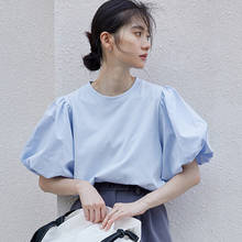 Korean Chic Design O-neck Lantern Sleeve White Blue Women T-shirts Summer Loose White Female Tops Cotton Tee Ladies Tops 2024 - buy cheap