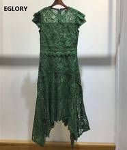 Top Quality New Lace Dress 2020 Summer Women Allover Crochet Lace Embroidery Short Sleeve Sexy Asymmetrical Dress Blue Green 2024 - buy cheap