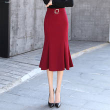 Black High Waist Women Formal Skirt Office Lady Mid-Calf Length Ruffles Mermaid Skirt Elastic Elegant Burgundy 2020 Fall Skirts 2024 - buy cheap