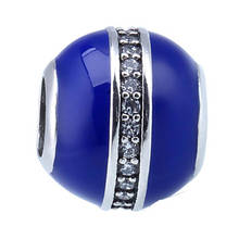 Pulseira prateada s925 autêntica, bracelete feminino com esmalte azul midnight, joias faça você mesmo 2024 - compre barato