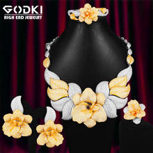 GODKI, супер большой роскошный набор из 4 предметов с цветами в виде листиков, набор украшений для женщин, набор украшений для свадьбы с фианитом, комплект для свадьбы в Дубае 2024 - купить недорого