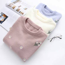 Women Flower Embroidery Pullover Loose Long Sleeve Round Collar Knitted Sweater College Autumn Winter Casual Fashion Top H9431 2024 - buy cheap