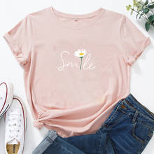 Camiseta con estampado de letras de flores y sonrisa para mujer, de manga corta Camiseta de algodón con cuello redondo, camiseta informal Harajuku para mujer 2024 - compra barato