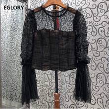 Crop Tops 2021 Spring Fashion Style Women See Through Mesh Patchwork Flare Sleeve Sexy Pleated Black Lace Tops Blouse Female 2024 - buy cheap