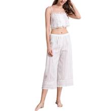 Pajama Sets Sexy Women Leisure elegance Lace Brim Crop Top Loose Wide Leg Capri Pants Sleepwear Pajama Set Women's Sleep 2021 2024 - buy cheap