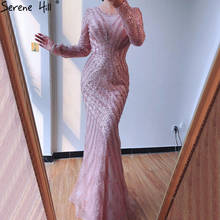 Luxury Pink O-Neck Mermaid Evening Dresses 2021 Dubai Long Sleeves Glitter Evening Gown Serene Hill LA70248 2024 - buy cheap