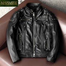 Jaqueta de couro bovino real masculina, plus size, 100%, motocicleta, rebite, streetwear, couro natural, jaqueta masculina lw 2024 - compre barato