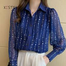 Double Layer Lined Women Chiffon Blouses Turn-down Collar Female Shirts Branch Embroidery Ladies Tops High Street Clothes 2021 2024 - buy cheap