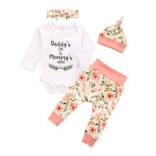 4Pcs Baby Girls Outfit, Spring Autumn Sweet Style Long Sleeve Round Collar Letter Romper + Floral Pants + Hat + Bow Headwear Set 2024 - buy cheap