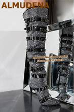 ALMUDENA Black Crystal Embellished Thigh High Boots Runway Rivets Buckle Gladiator Shoes Sexy Rhinestone Motorcycle Long Boots 2024 - buy cheap