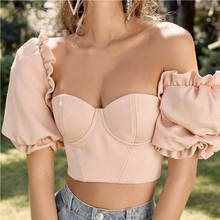 New pink color Women Sexy Off Shoulder Square neck Casual Short Puff Sleeve Shirt Ruffles Tube Tops Backless Zipper Crop Tops 2024 - compre barato