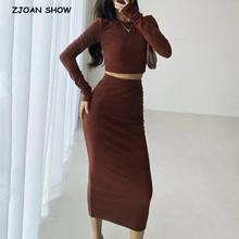 2021 Vintage Long Sleeve T-shirt Sexy Women Bodycon Package Hips Midi Skirt Crop Top Short Pullover Tee Tops 2 Pieces Set 2024 - buy cheap