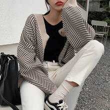 2020 Autumn Knitted Striped Cardigan Sweater Women Fashion Patchwork Top  Casual Oversize Knitwear Outwears V Neck Buttons Coat 2024 - buy cheap