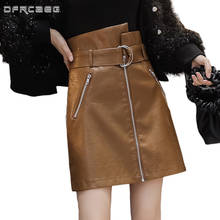 Red Zipper Women's A-Line Leather Skirt With Belt 2020 Winter High Waist Vintage PU Pencil Skirts Female Saias 2024 - buy cheap