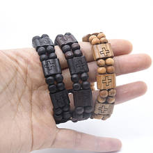 Christian Black/Dark Brown Wide Square Wooden Cross Beads Chain Bracelet Elastic Bracelets for Women Church Religious Jewelry 2024 - buy cheap