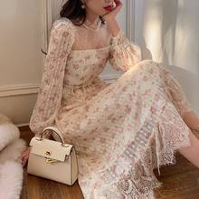 2021 Summer Women Sweet Lace Patchwork Chiffon Floral Print Dress Vintage Elegant Long Sleeve Party Dress Robe Mujer 2024 - buy cheap