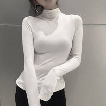 Camisa de manga longa coreana harajuku, camisa de cor sólida para mulheres, de gola alta, caimento slim, blusa de meninas pretas 2024 - compre barato
